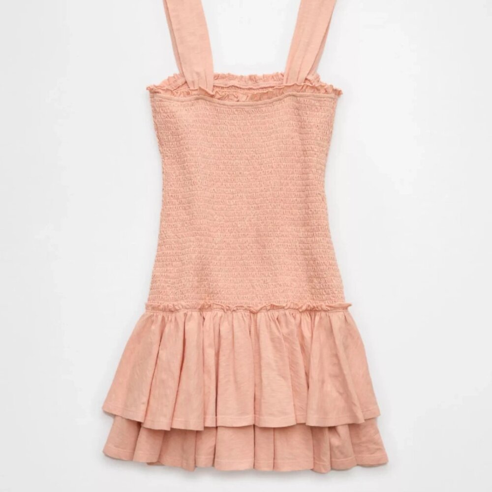 American Eagle AE Sunchaser Knit Smocked Drop Waist Mini Dress Size Large Peach